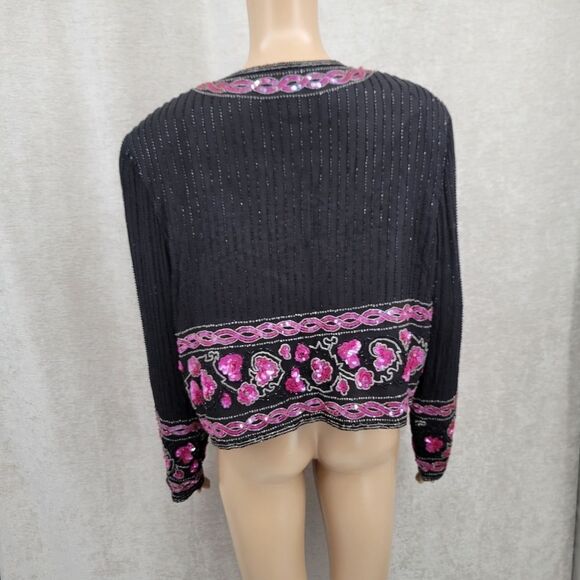 Papell Boutique Vintage Silk Fully Beaded Sequin Jacket Black Fuschia Women's XL - Picture 2 of 12